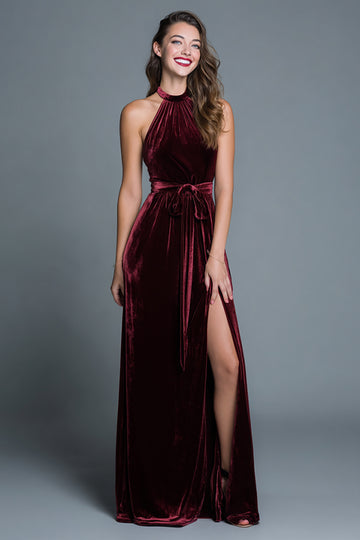 Velvet Halter Burgundy Holiday Party Dress With Slit